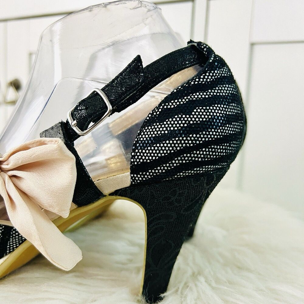 Poetic Licence 'Faithfully Yours' Black Glam Heels with Pink Bows Pinup EU38 US7 - Picture 3 of 9